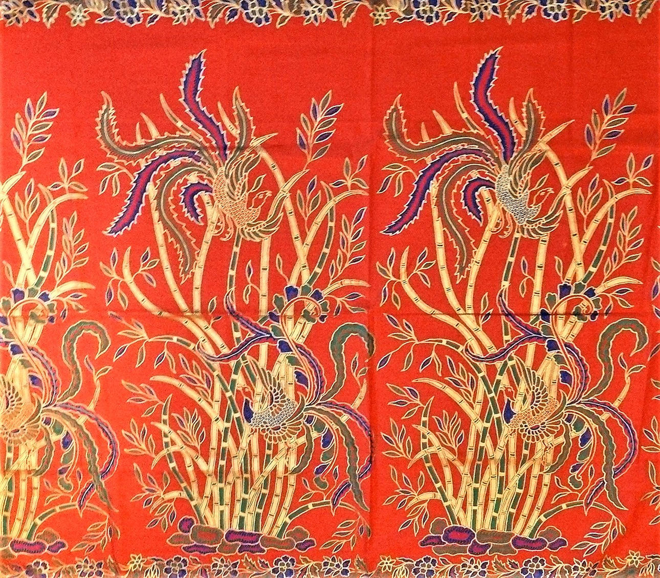 Bordsduk, bomull, guldröd, färgglada tryckta.