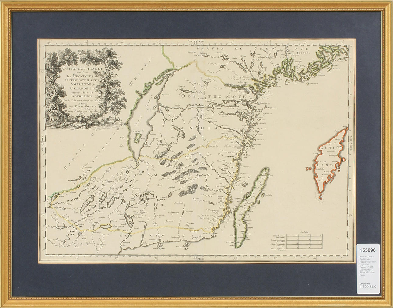 KARTA, Ostro-Gothlande kopparstick efter original av Sanson, 1666. Graverad av Pierre Mariette, Paris.