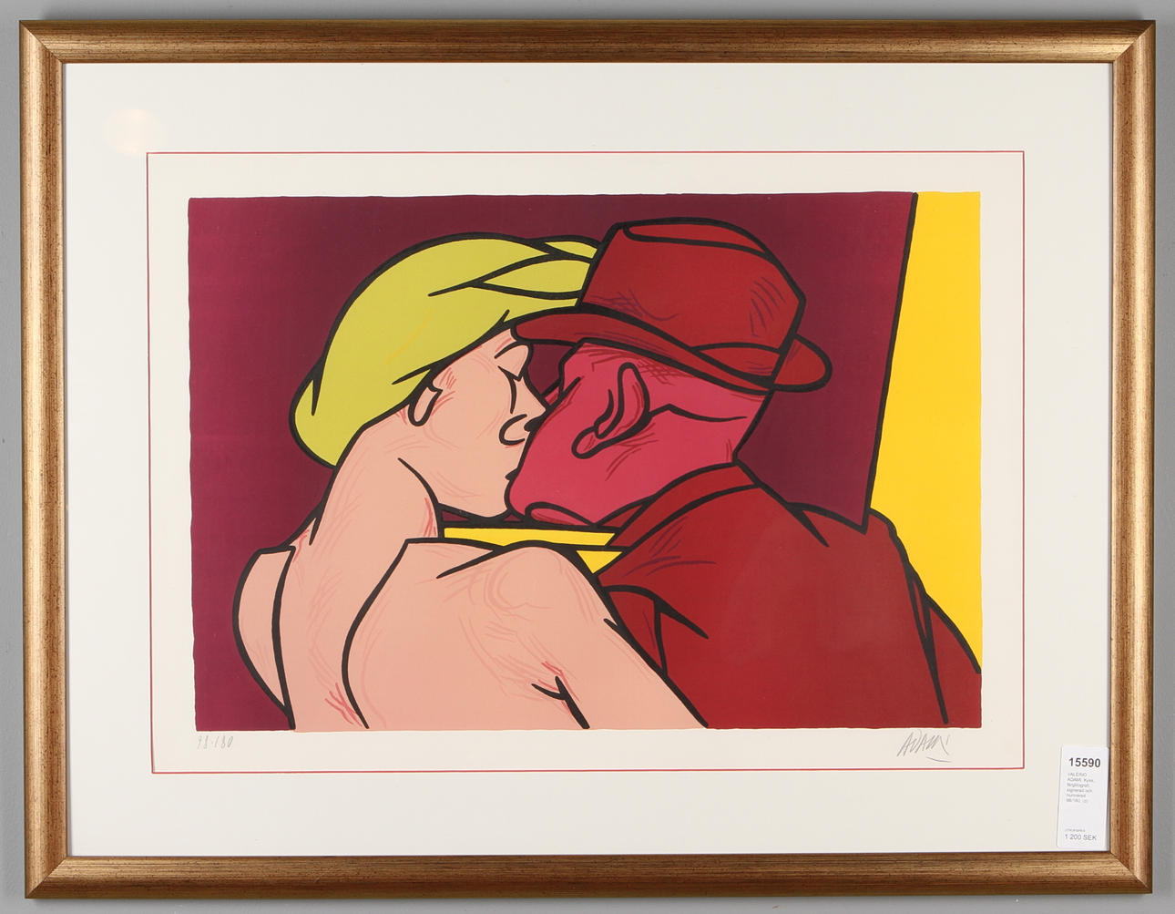 VALERIO ADAMI. Kyss, färglitografi, signerad och numrerad 98/180.