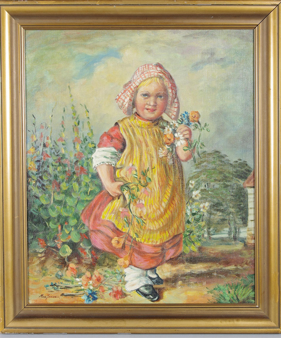 MAX JENSEN. flicka med blommor, olja på pannå, signerad.