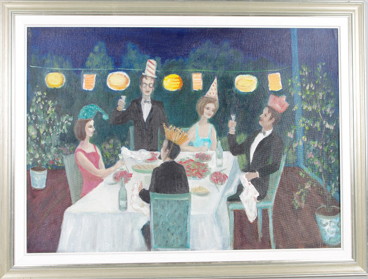 ALICIA NILSON. "Kräftskiva", olja på pannå, signerad.