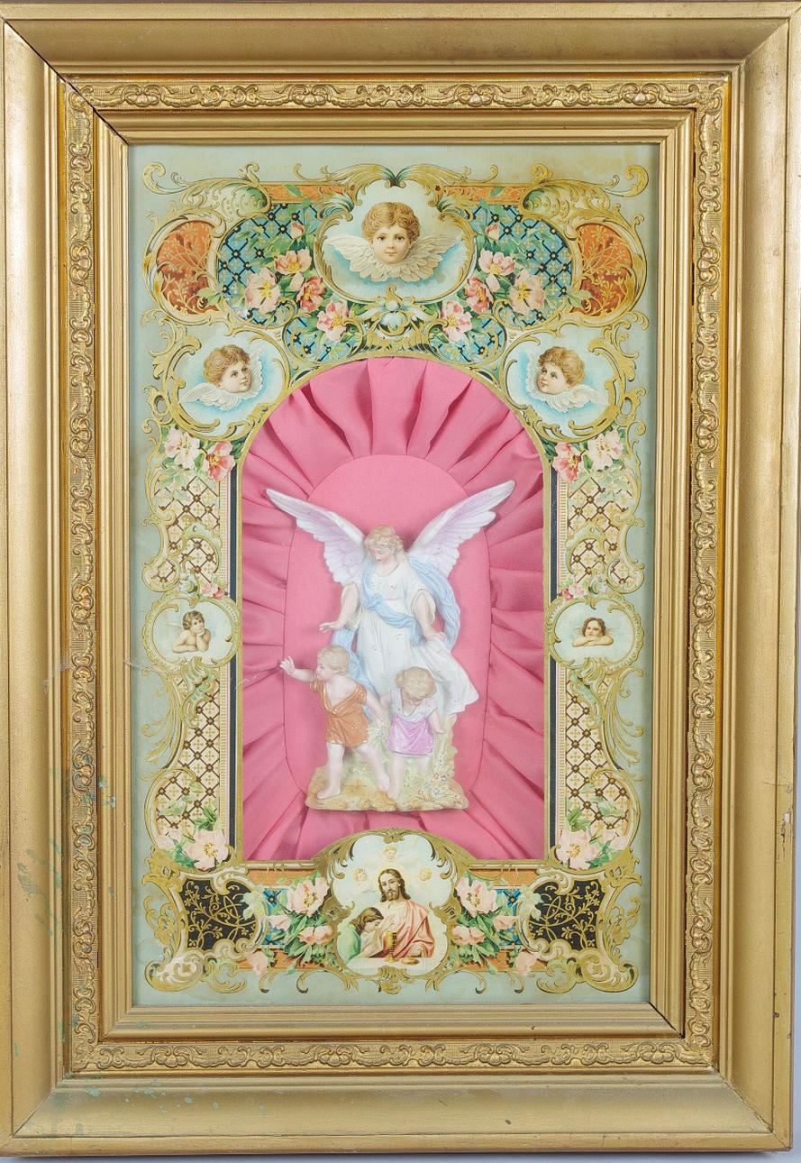 RELIGIÖS VÄGGTAVLA, porslin/tyg/glas med förgylld ram.