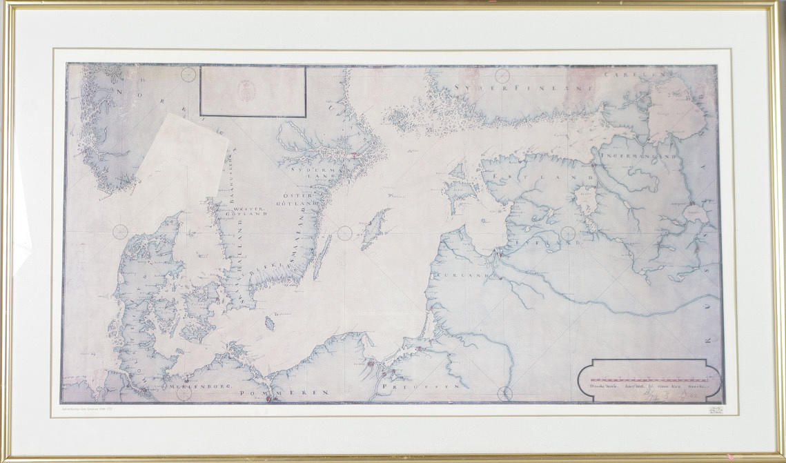 SJÖKORT, tryck efter äldre förlaga, inramat.