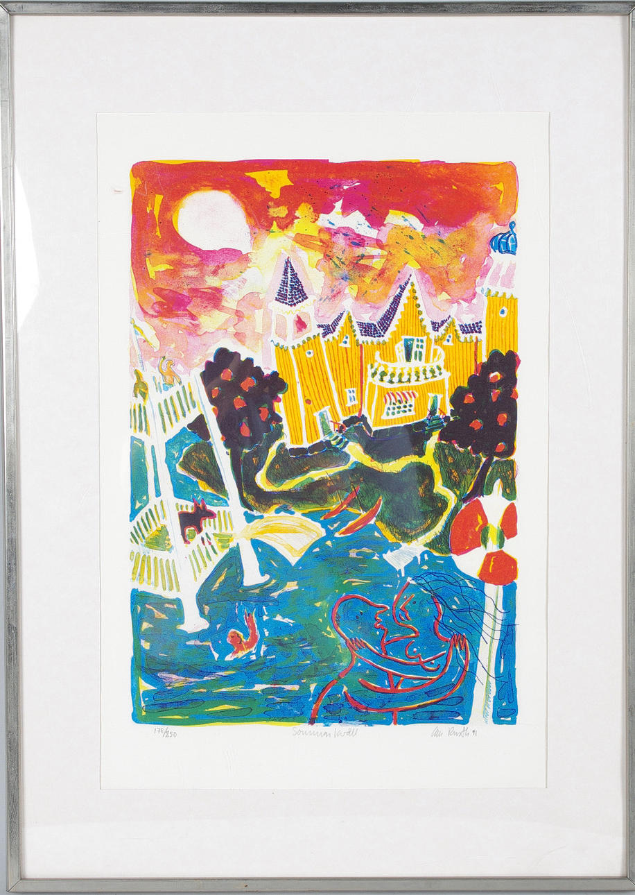 IAN RUSTH. "Sommarkväll", färglitografi, signerad.