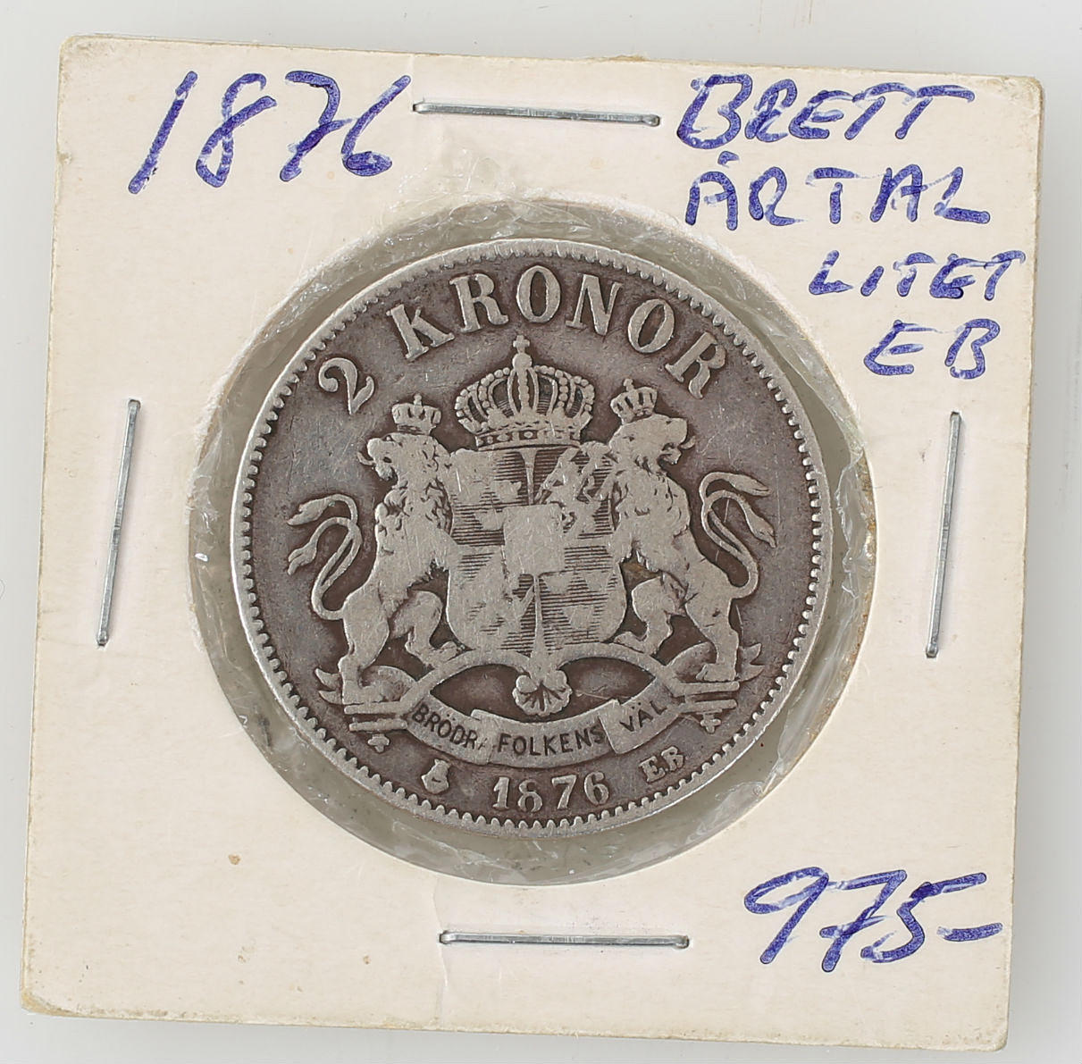 MØNT, 2 kroner, 1876, Bredt år, Lille EB.