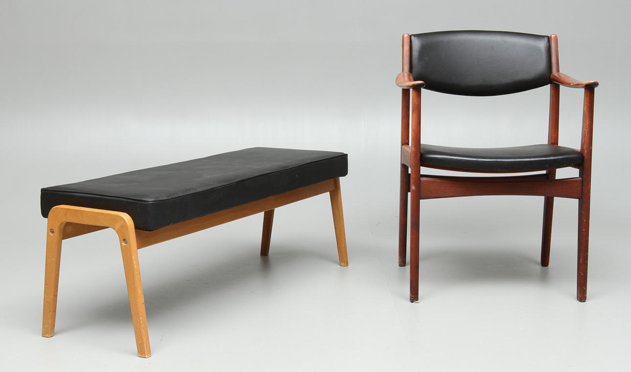BÄNK, KARMSTOL, teak, 1950/60-tal.