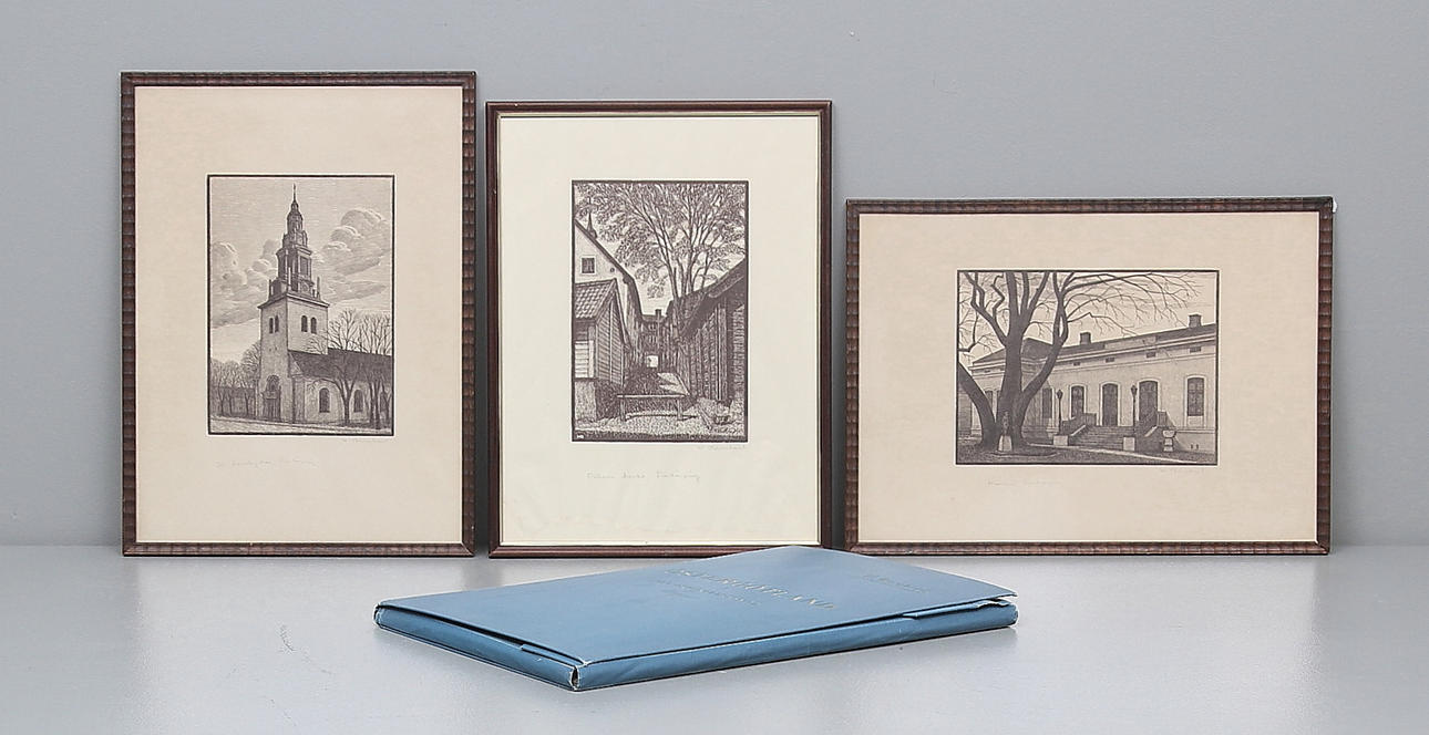 WALDEMAR BERNHARD. Motiv från Östergötland. Träsnitt. Mapp + 3 st ramade. Signerade.