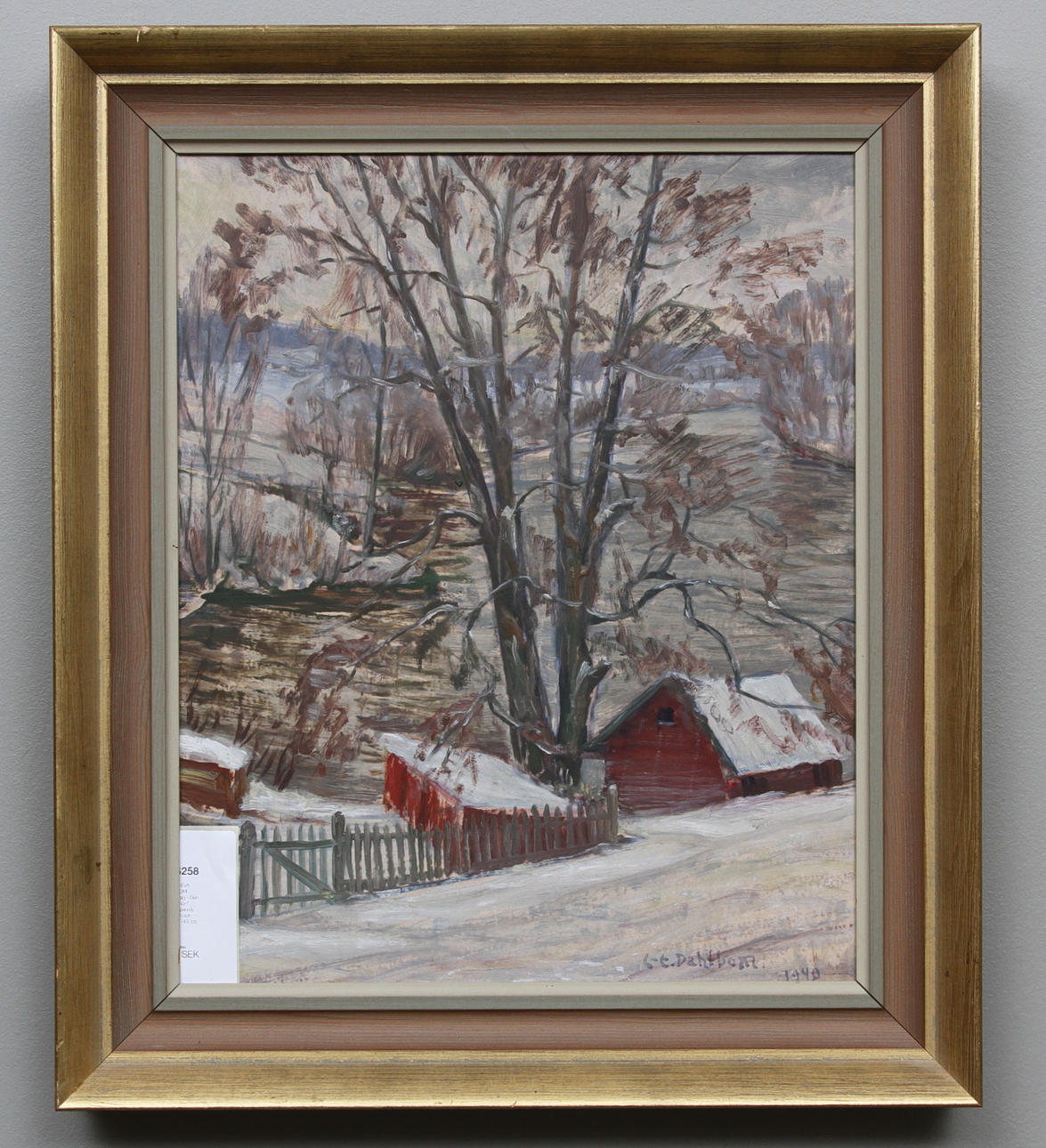 CLARA-EVA DAHLBOM. "Vinterdag - Den första snön". Olja på pannå, signerad och daterad -40.