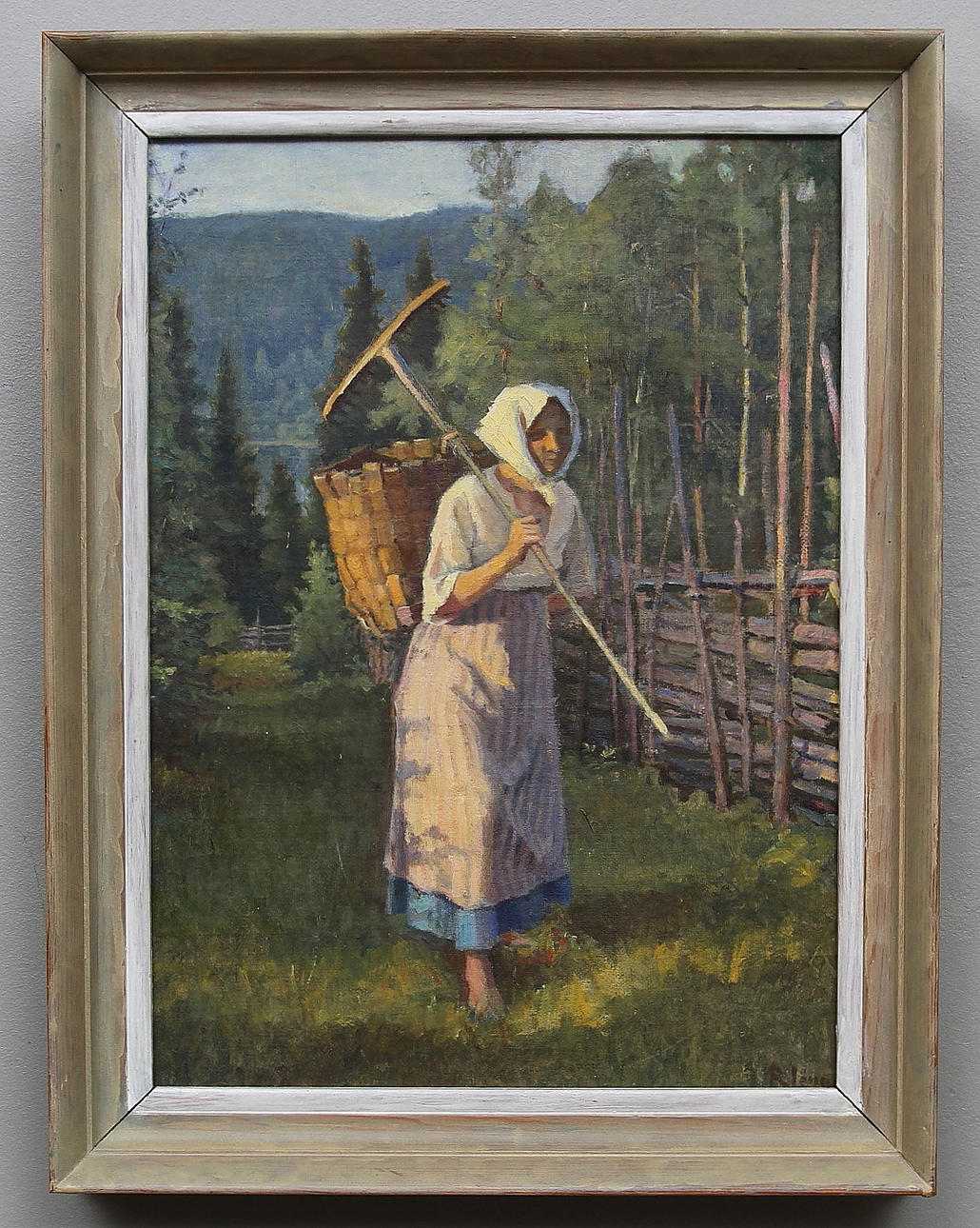 RUDOLF LÖNNE. "Kvinna med korg och räfsa i solljus". Olja på duk. Signerad R.Lönne.