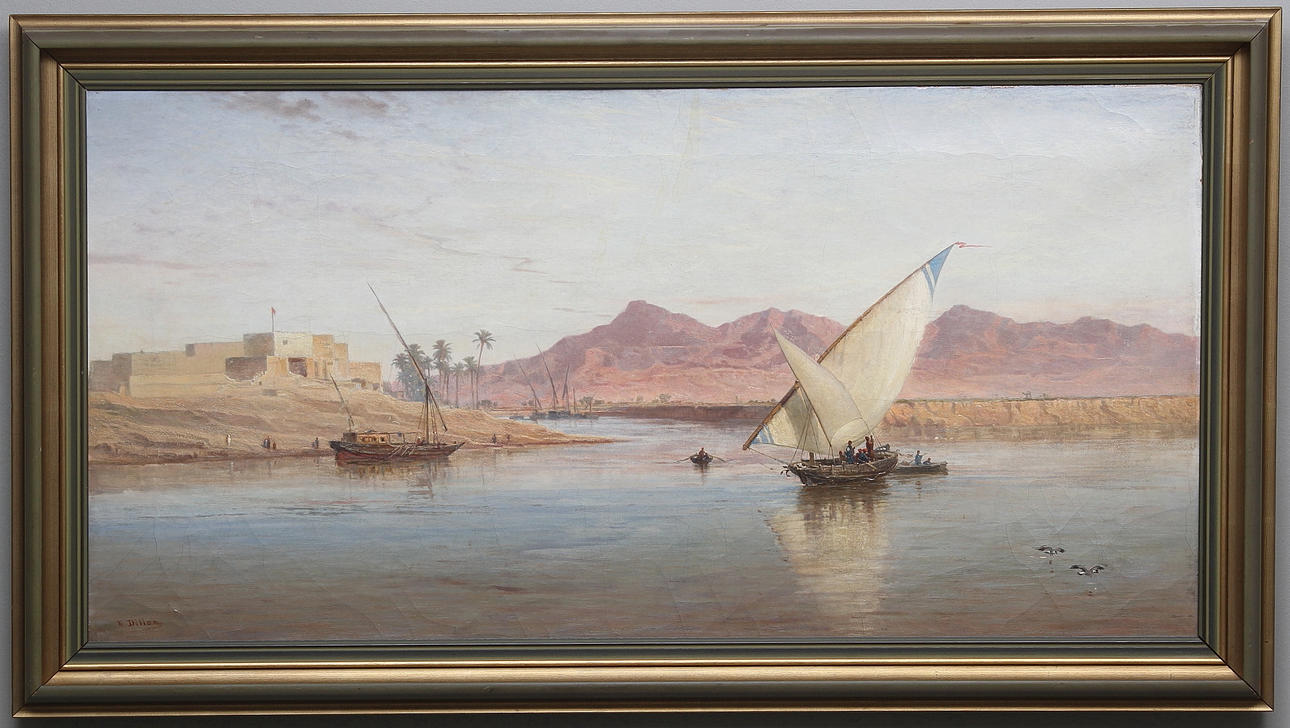 FRANK DILLON. England, (1823-1909). " The Nile near Luxor, Thebes". Olja på duk. Signerad F.Dillon.