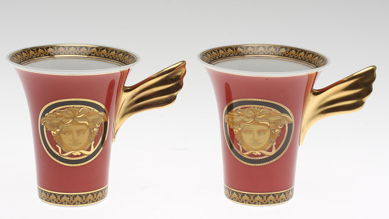 KAFFEKOPPAR, 2 st i porslin, "Medusa", Versace för Rosenthal.