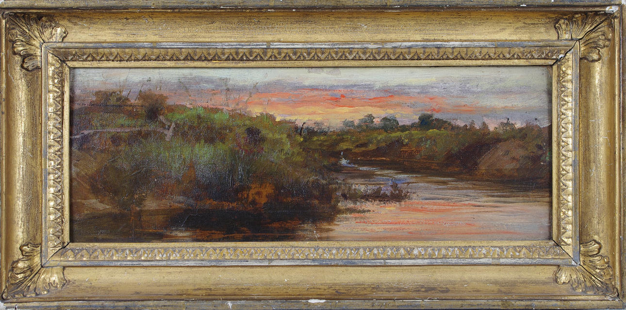 PHIL R. MORRIS. TILLSKRIVEN. Themsen, olja på pannå, otydligt signerad, troligen sent 1800-tal.