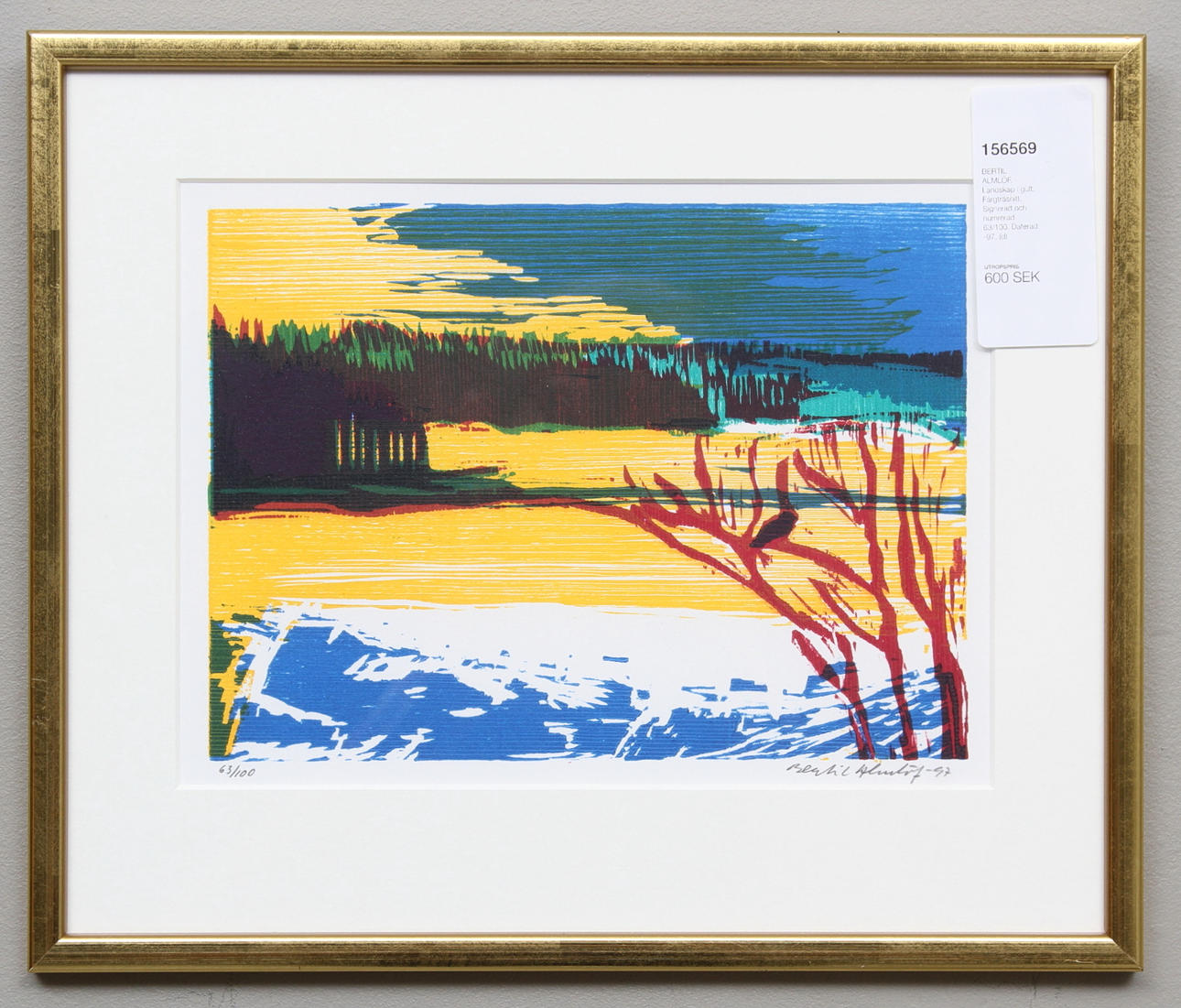 BERTIL ALMLÖF. Landskap i gult. Färgträsnitt. Signerad och numrerad 63/100. Daterad -97.