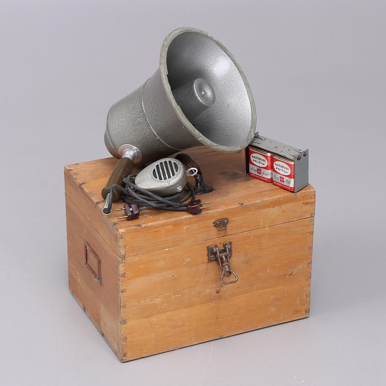 MEGAPHONE in wooden box, with microphone.