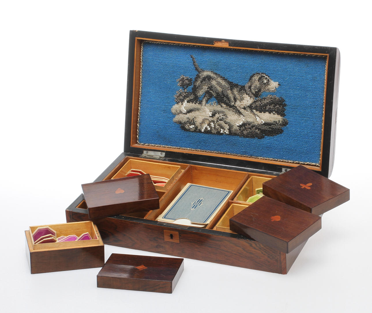 ASK, för spelkort och marker, med intarsiadekor av spelkort.