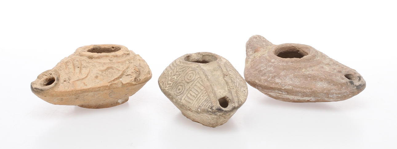 OLJELAMPOR, 3 st, keramik, antika jordfynd, Medelhavet.