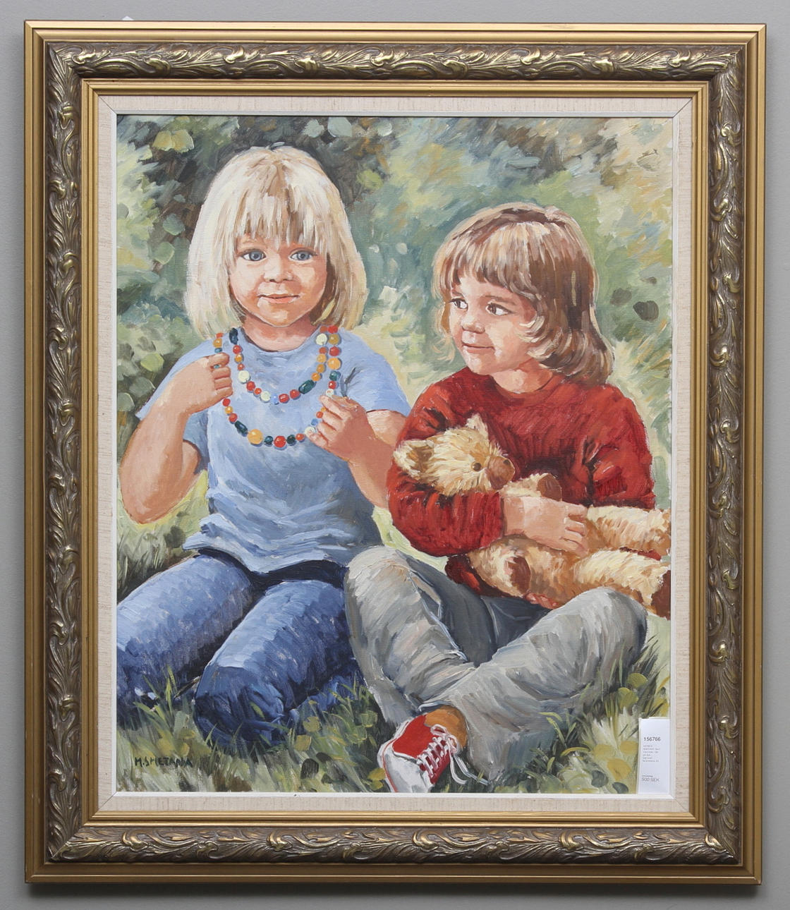 MONICA SMETANA. Barn med nalle. Olja på duk. Signerad M.Smetana.