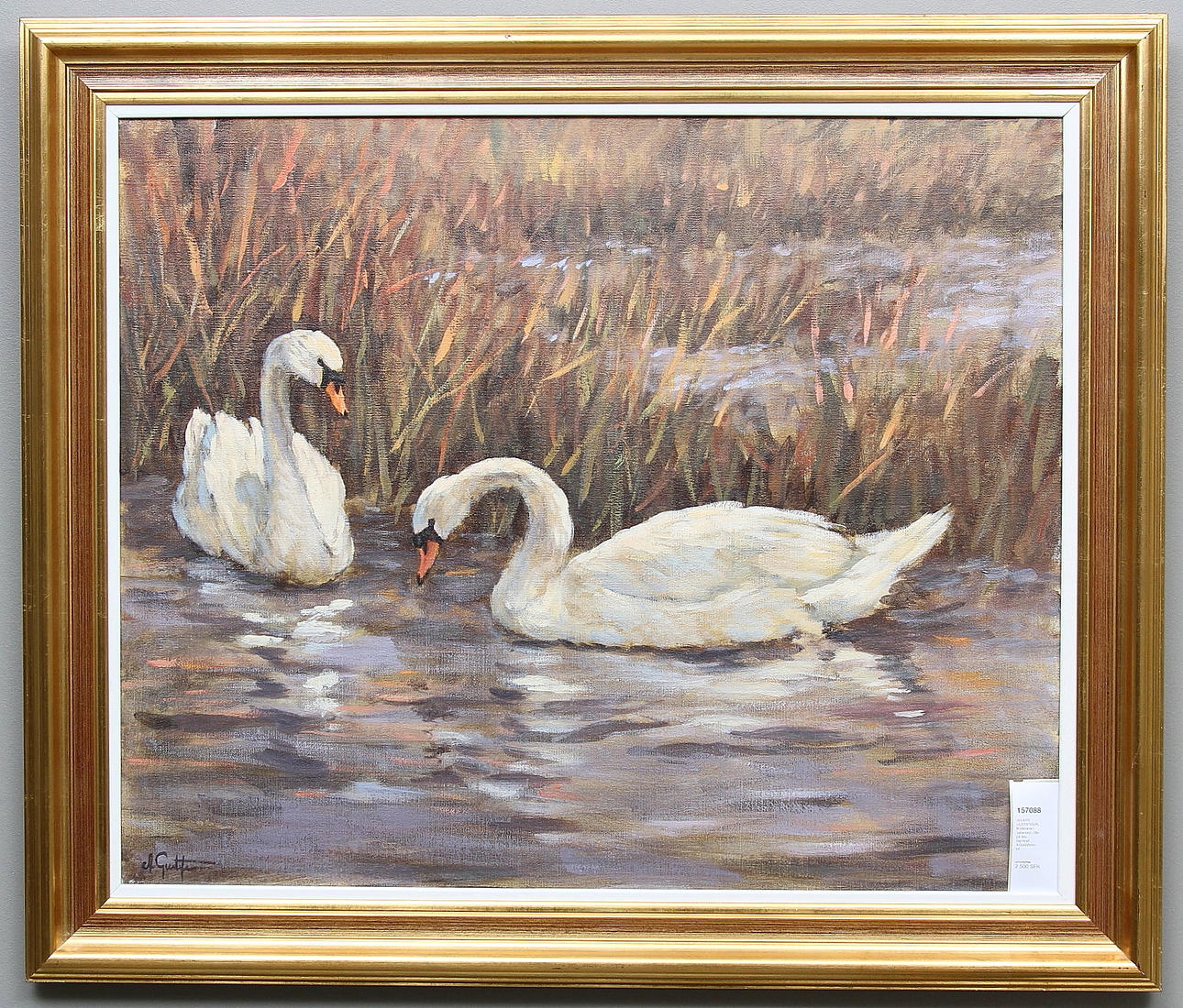 ANDERS GUSTAFSSON. Knölsvanar i vattenbryn. Olja på duk. Signerad A.Gustafsson.