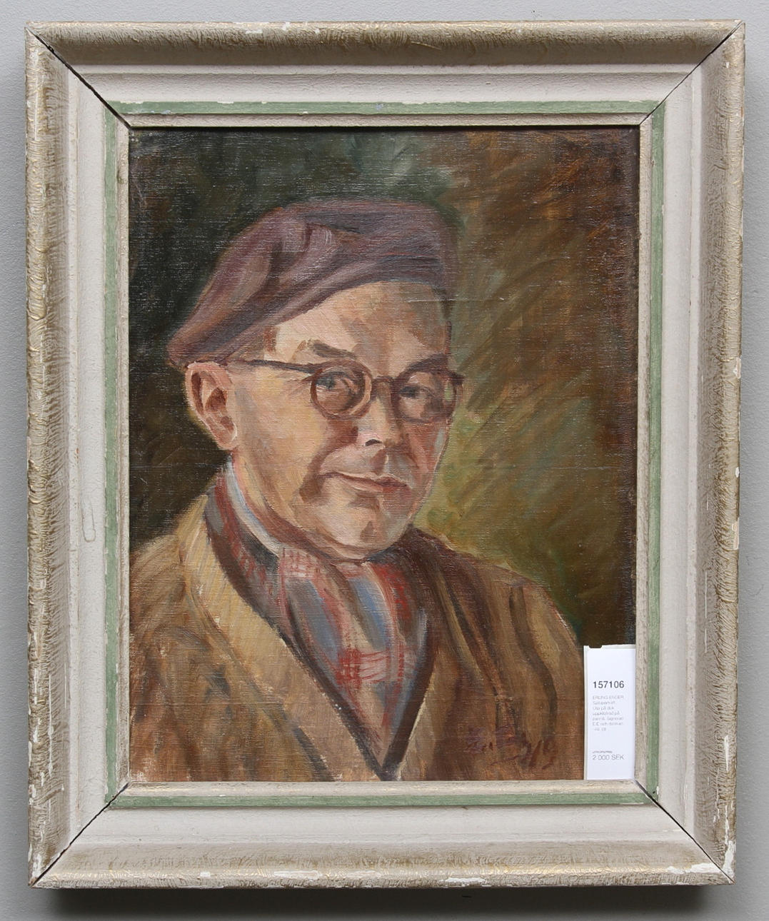 ERLING ENGER. Självporträtt. Olja på duk uppklistrad på pannå. Signerad E.E och daterad -49.