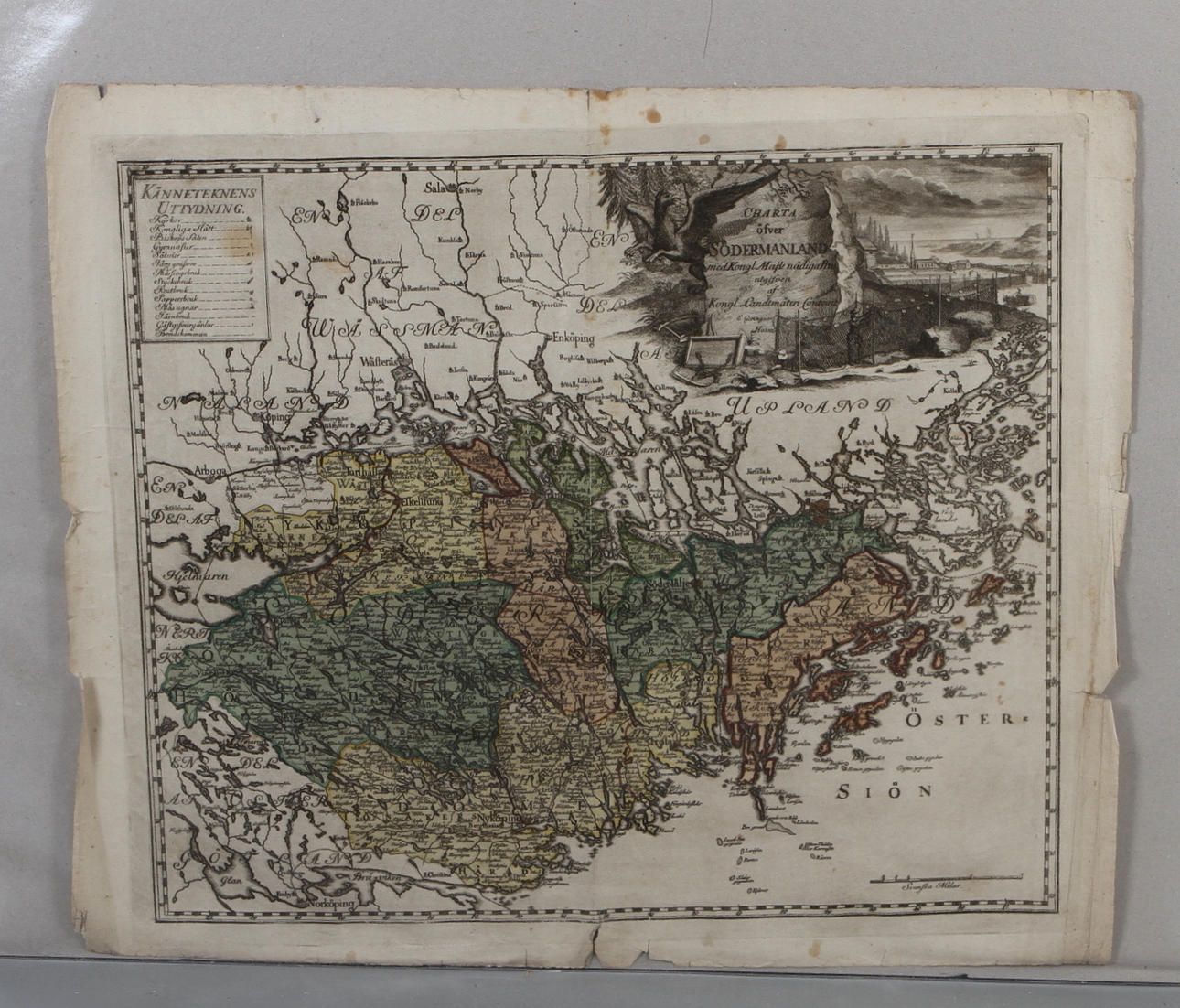 KARTA, E. Geringius, "Charta öfwer Södermanland. Med Konglige Maj:ts nådigaste Privilegio. Utgifwen af Kong. Landtmäteri Contoiret.".