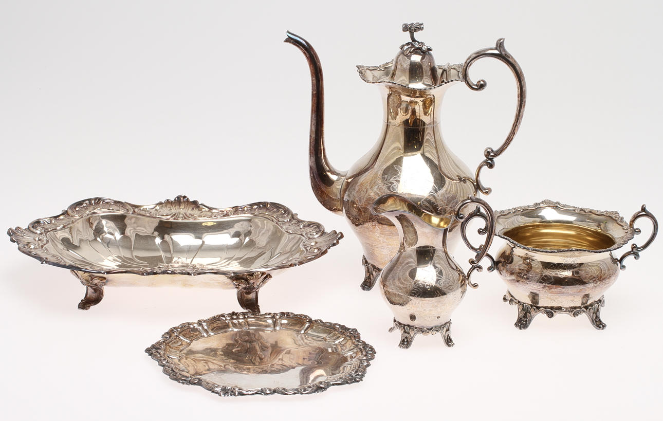 KAFFESERVIS, 3+2 delar, nysilver, rokokostil, 1900-tal.