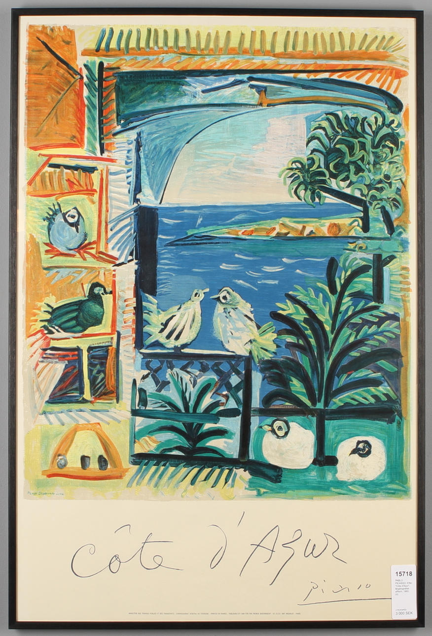 PABLO PICASSO. EFTER. "Côte d'Azur", färglitografisk affisch, 1962.