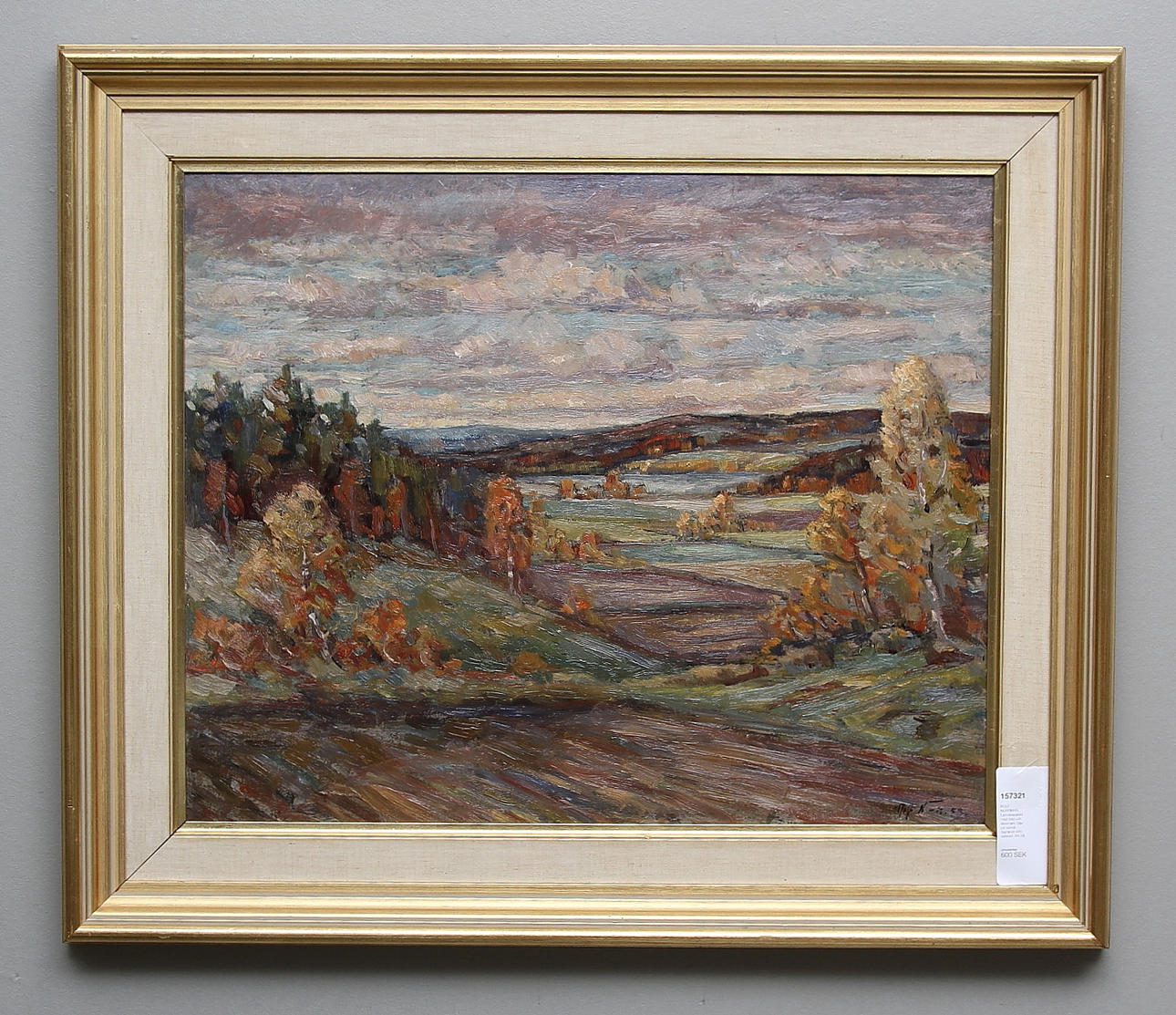 ROLF NORRMAN. Landskapsbild med träd och åkermark. Olja på pannå. Signerad och daterad -53.