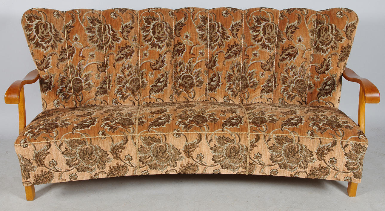 SOFFA, alm med blommig plyschklädsel, 1900-talets mitt.