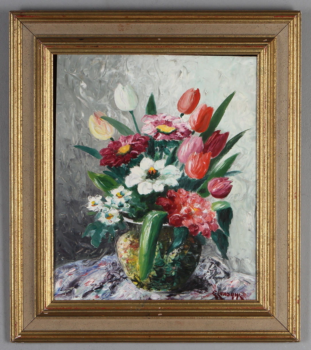 OKÄND KONSTNÄR. Blomsterstilleben, olja på pannå, signerad E Lundahl.