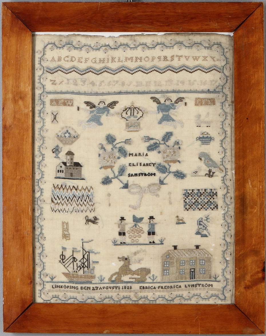 MÄRKTAVLA, broderad, daterad "Linköping den 23 augusti 1828 Errica Fredrika Lunström.