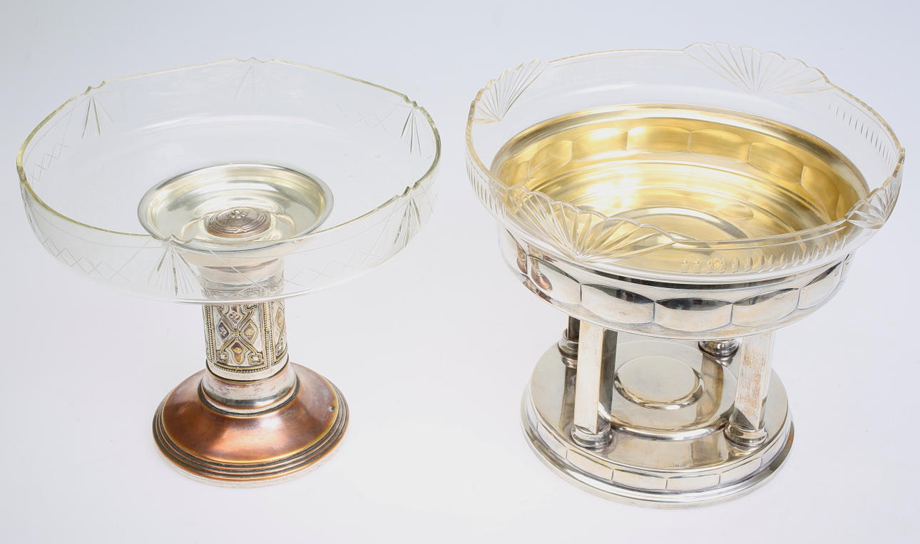 SKÅLAR, 1 par, glas och nysilver, 1920/30- tal.