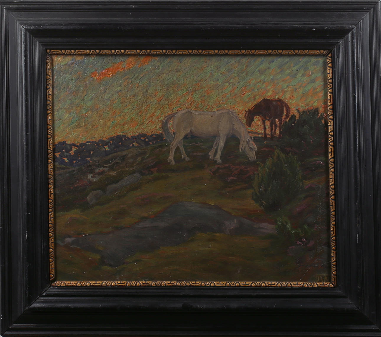 ANDERS NILSSON (1859-1936). Hästar i solnedgång. Olja på pannå. Signerad A N.