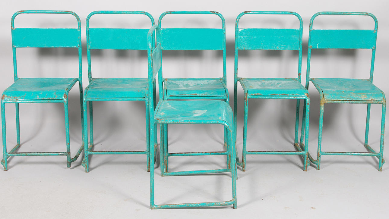 STOLAR, 6 stycken stabelbara, grönmålad metall, industridesign.