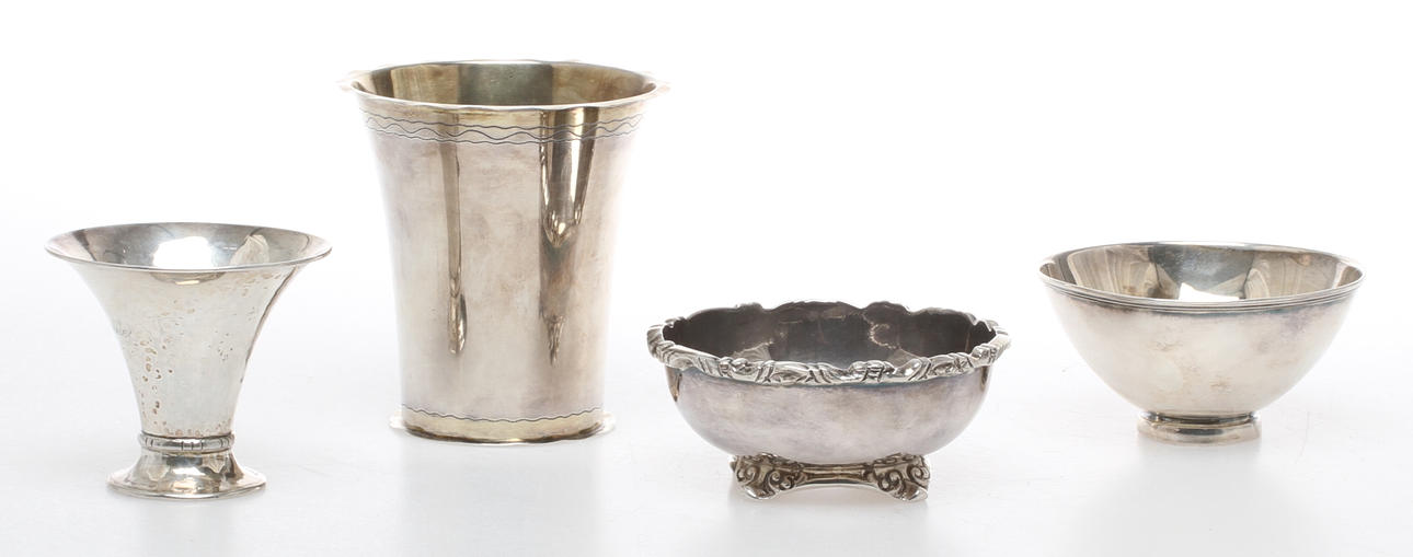 PARTI SILVER, 4 delar, bägare, vas samt skålar, 1900-tal.