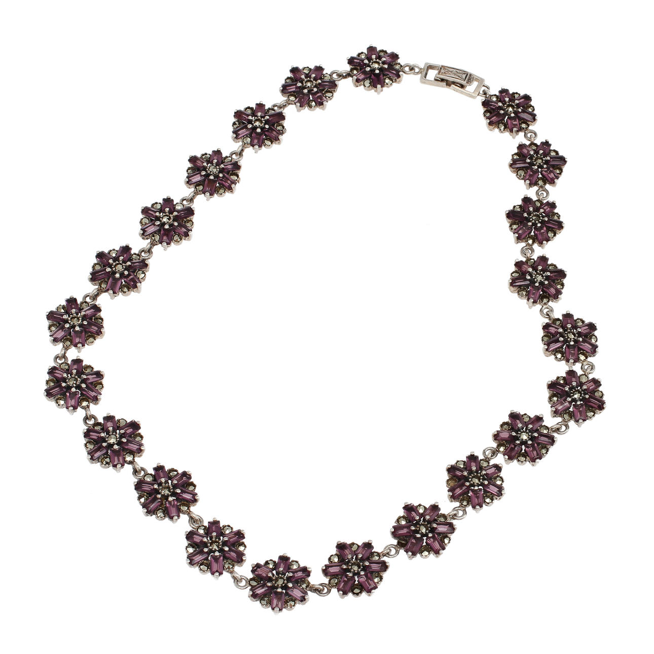 COLLIER, sterling silver med markasiter och lila glas.