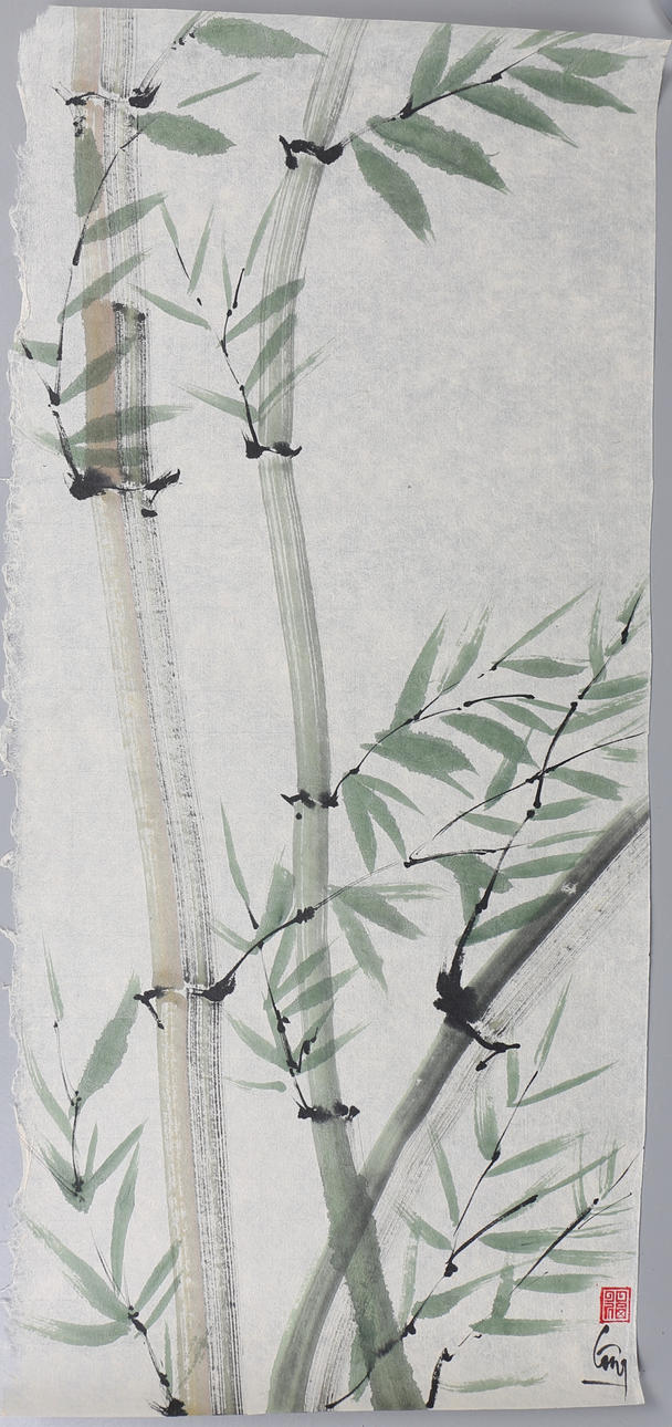 OIDENTIFIERAD KONSTNÄR. Bambustamar. Tryck på rispapper. Kina. 1900-talets mitt. Signerad.