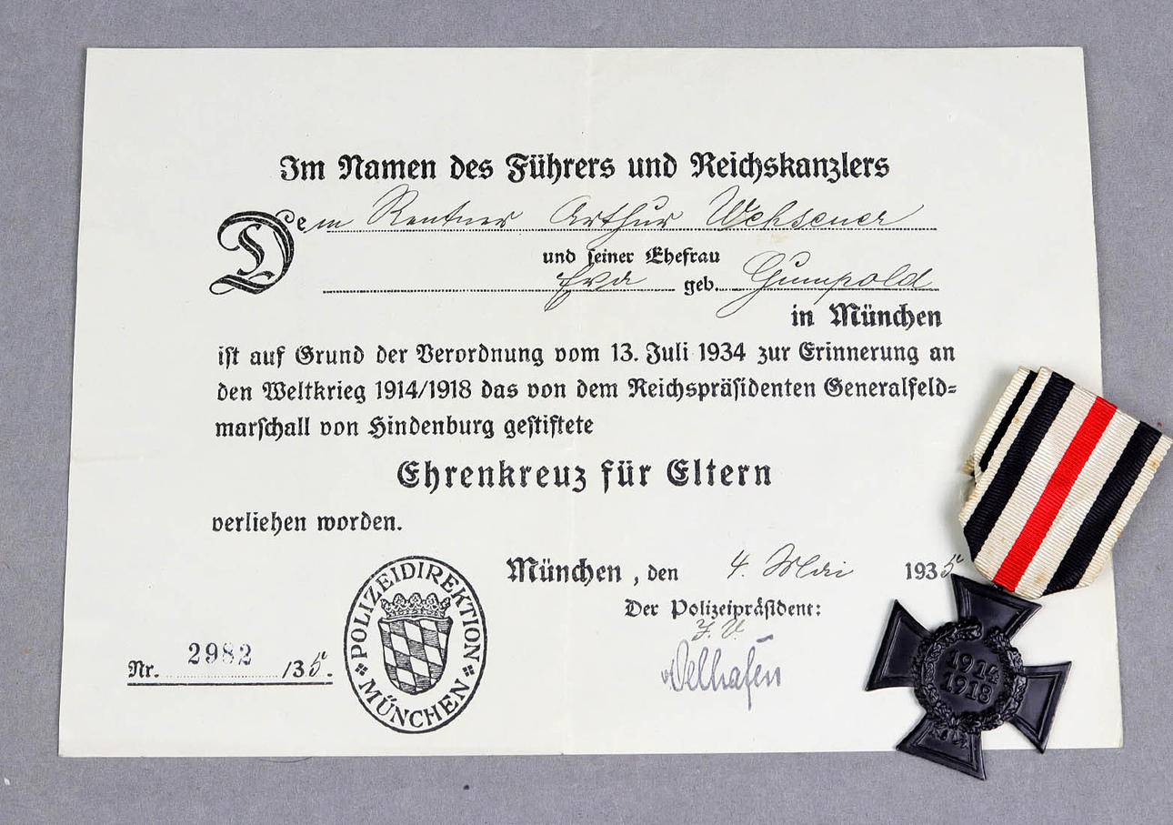 ORIGINAL EHRENKREUZ FÜR ELTERN MIT URKUNDE.