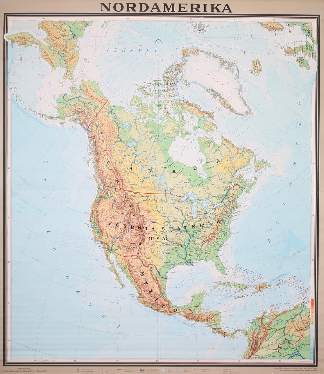 WALL MAP, North America, scale 1:6 million. General Staff Lithographic Institute, Stockholm.