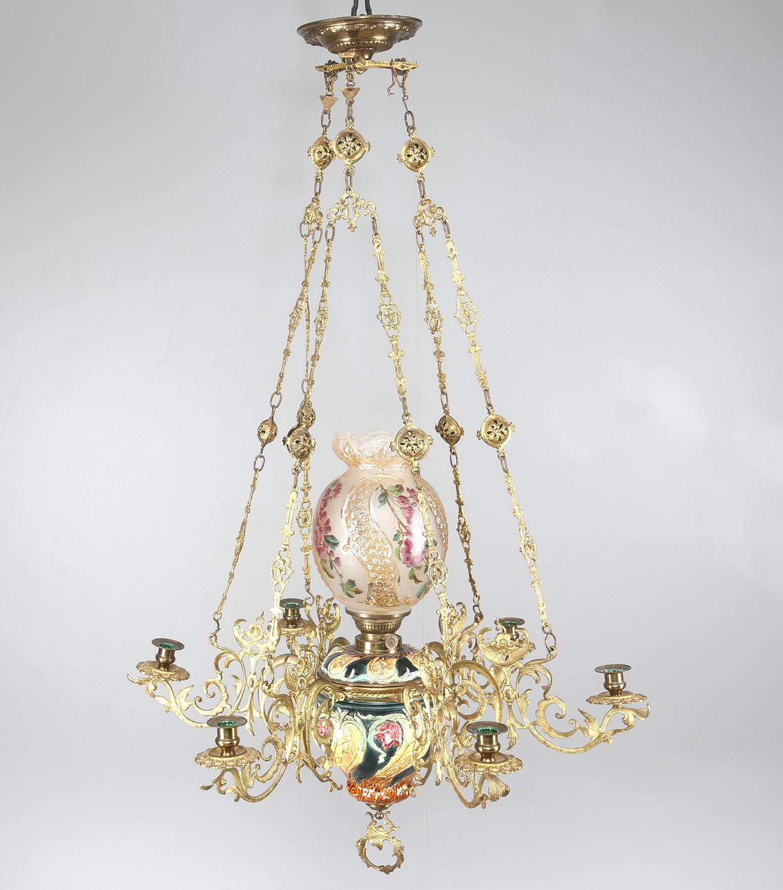 HÄNGFOTOGENLAMPA, Majolika, 6 ljusarmar, 1880-tal.