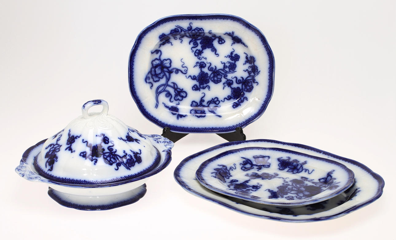 SERVISDELAR, 4 delar, flintgods, "Japan" flytande blått, Gustavsberg.