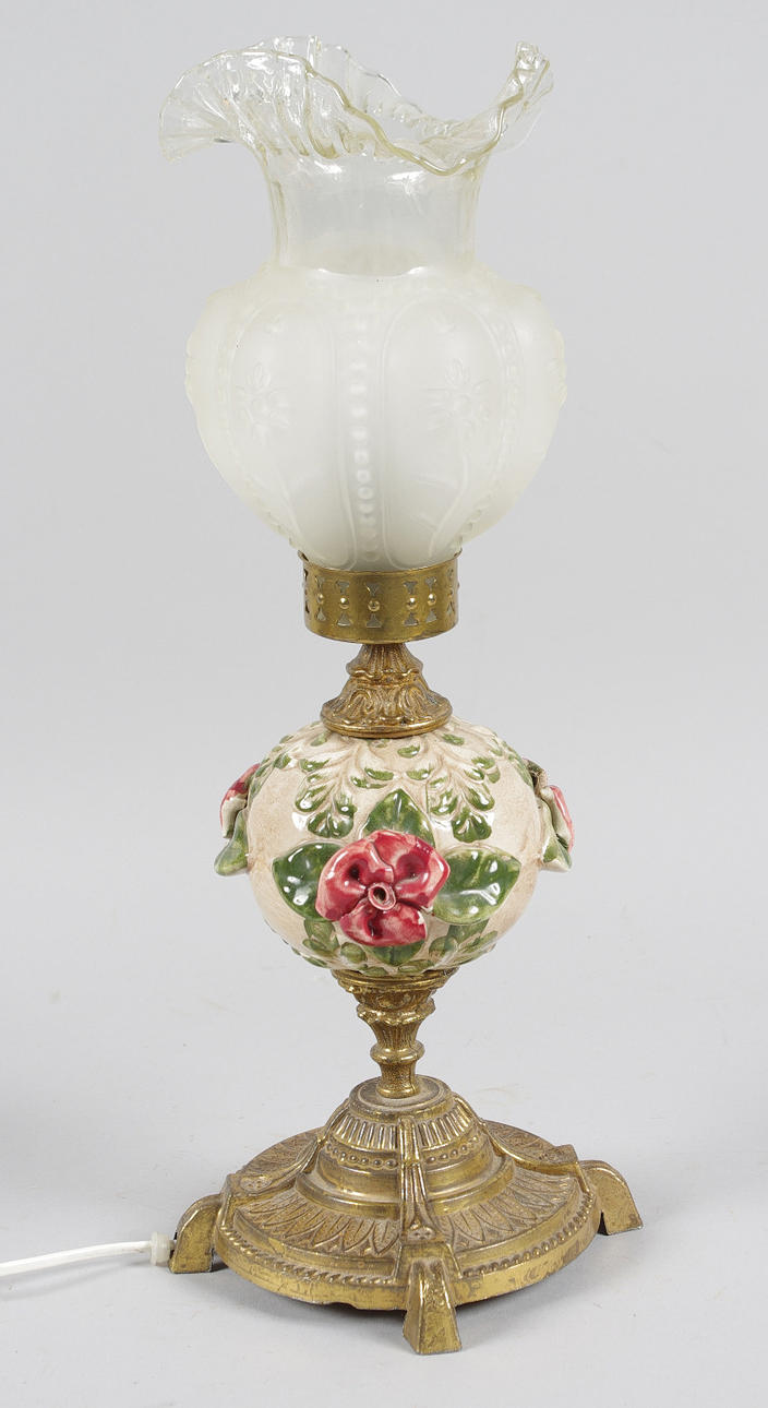 BORDSLAMPA, mässing/glas/porslin.