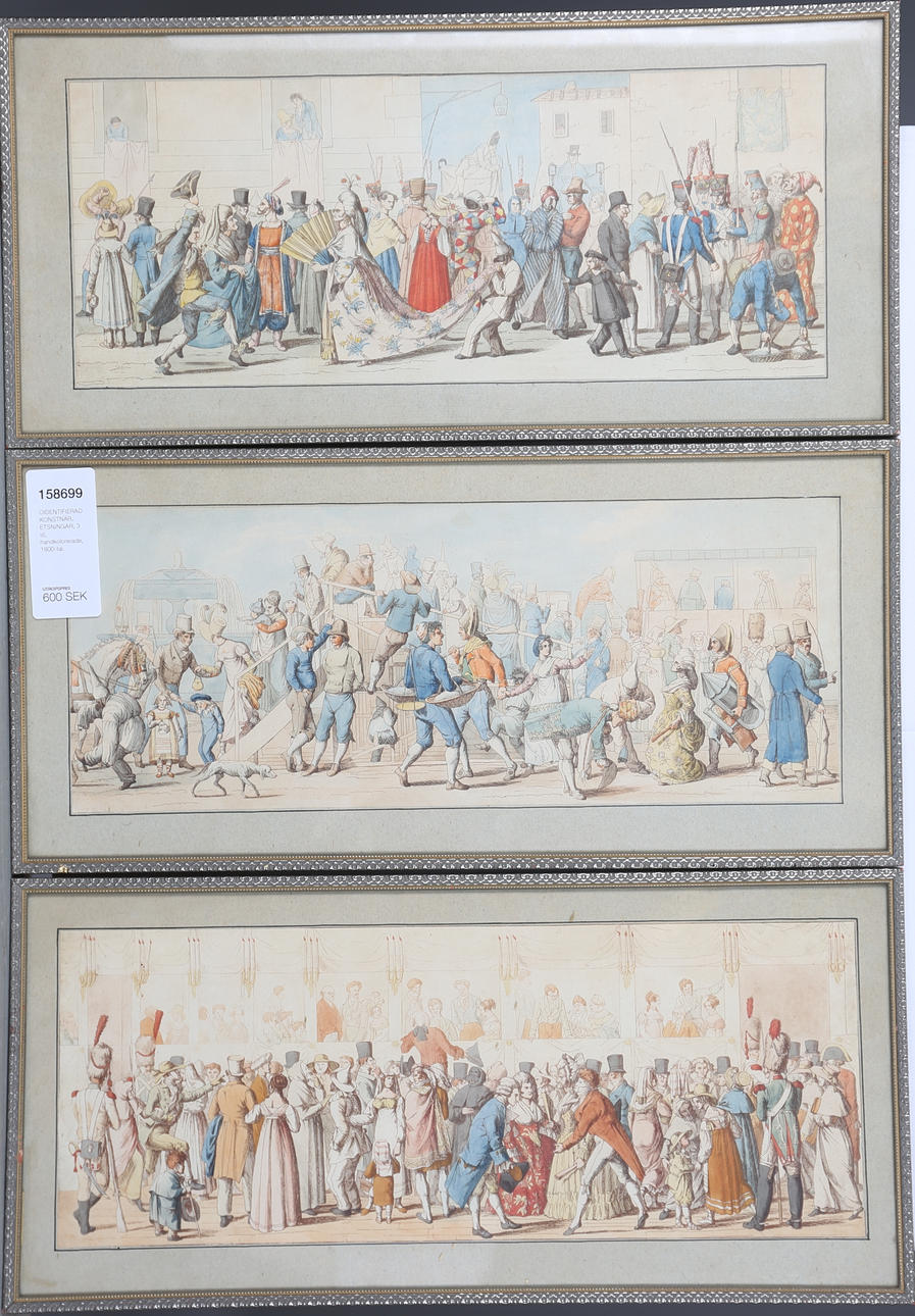 OIDENTIFIERAD KONSTNÄR. ETSNINGAR, 3 st, handkolorerade, 1800-tal.