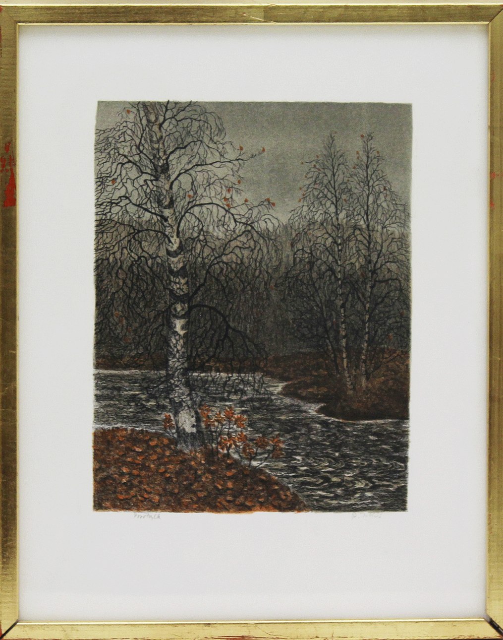 PER JULIUS. Landskap i höstskrud. Färglitografi. Signerad P Julius. Provtryck.