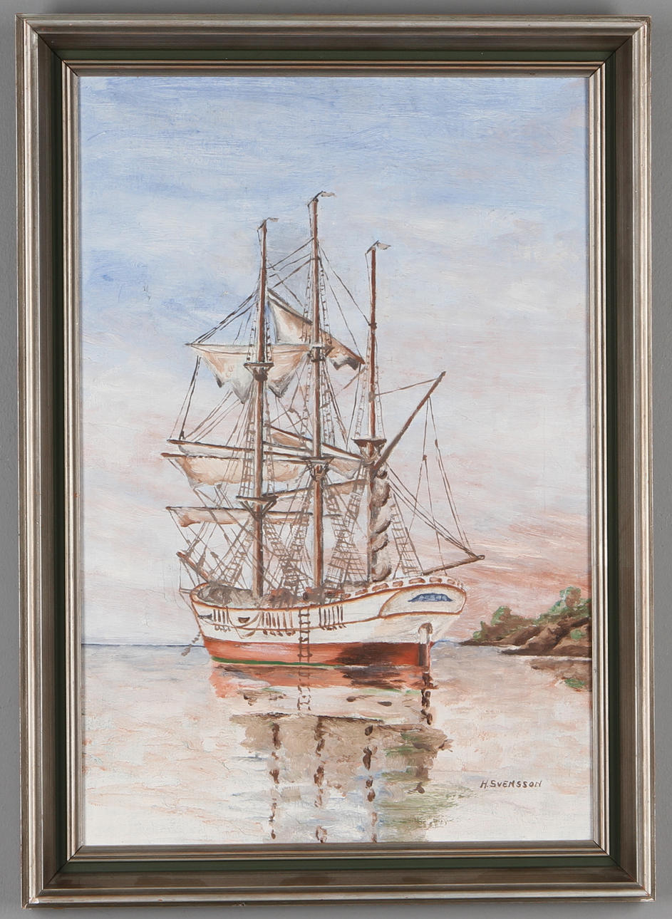 OKÄND KONSTNÄR. Skuta vid klippa, olja på duk, signerad.