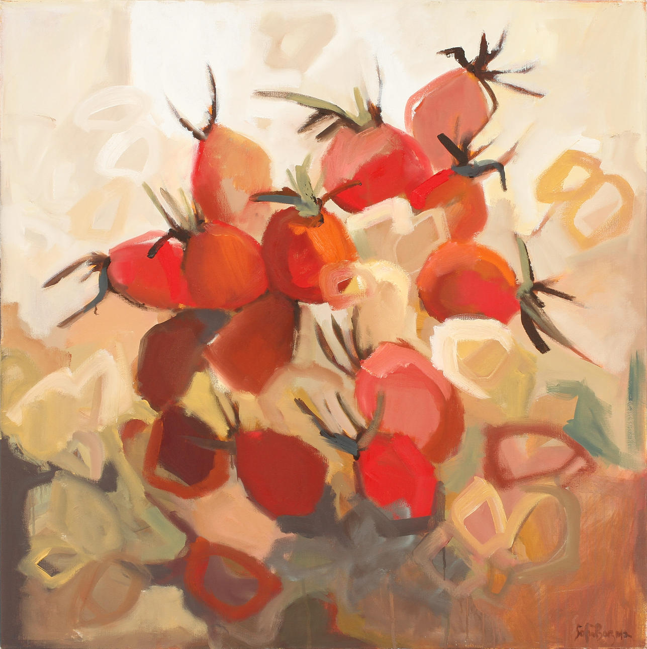 SOFIA BERGMAN. Olja på duk, signerad + glasskulptur, "Glasnypon" + besök på Skrufs Glasbruk.