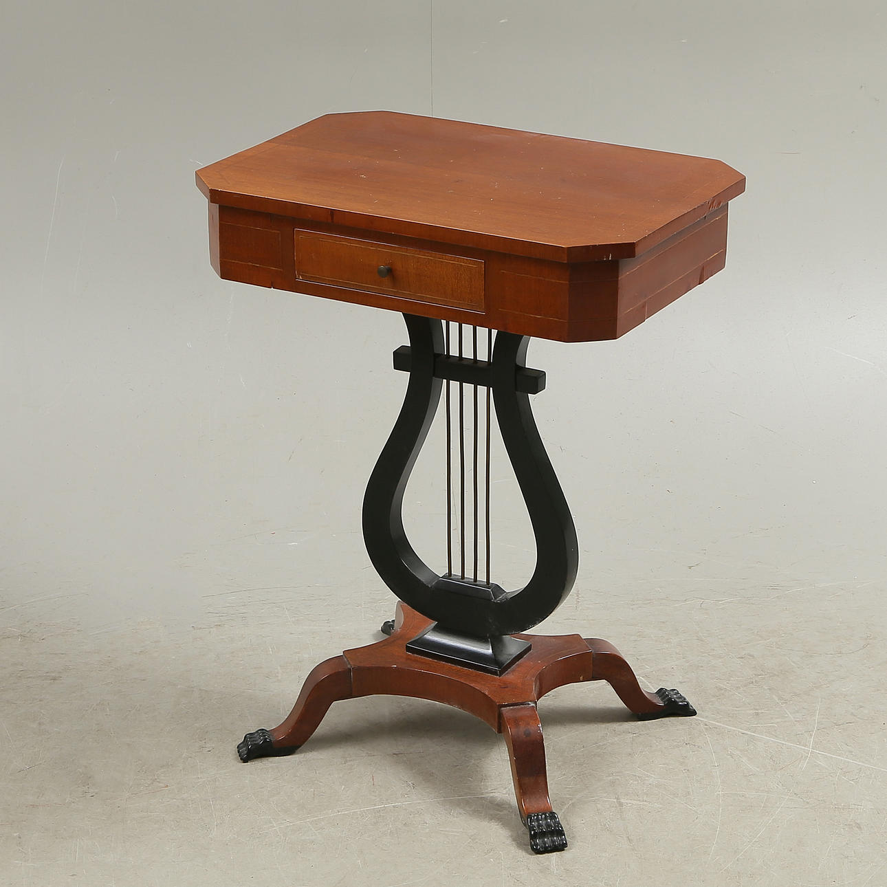 SEWING TABLE with lyre, wood, 20th century.