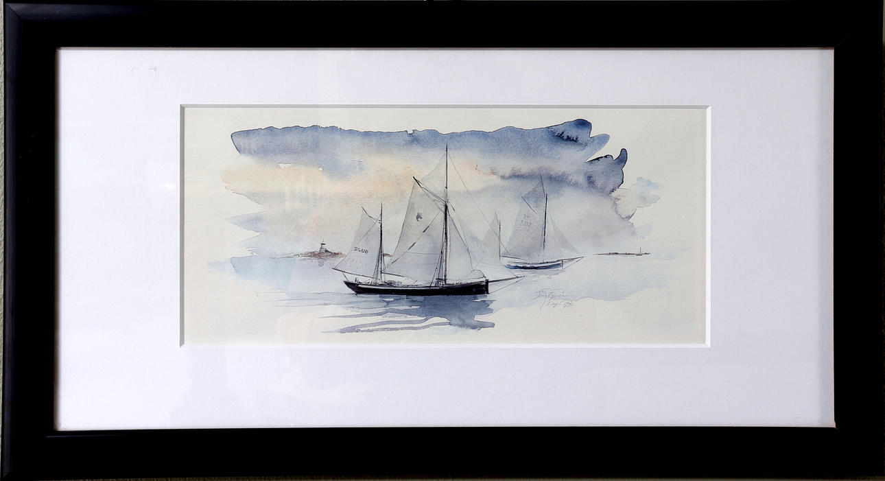 STIG FYRING. Marint motiv med fyr och två segelbåtar. Akvarell, signerad och daterad, 1997.