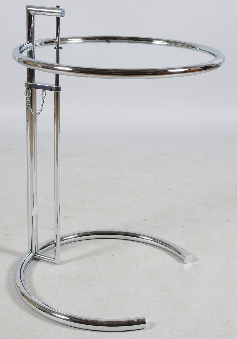 BORD, glas och metall, efter Eileen Gray.