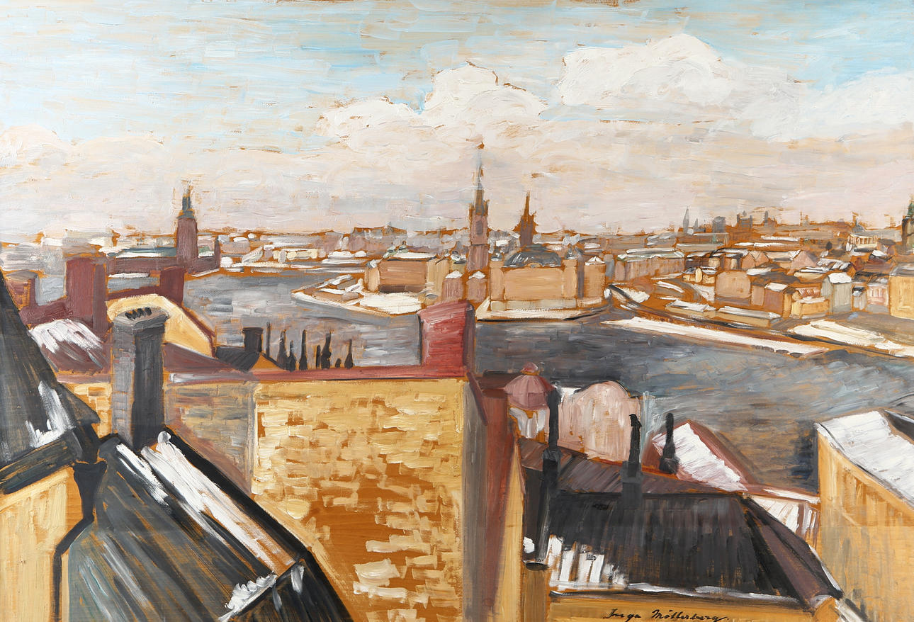 INGA MÖLLERBERG. Vy från Söder, Stockholm, olja på pannå, signerad.