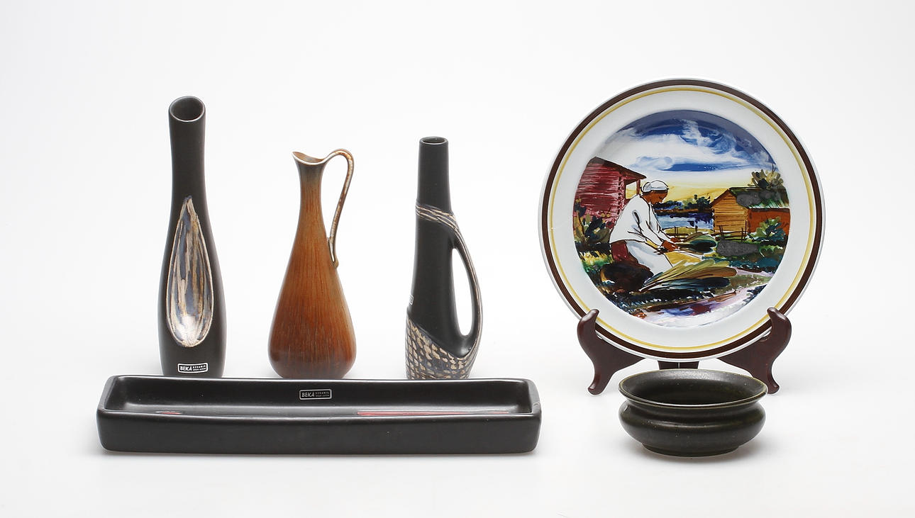 KERAMIKFÖREMÅL, 6 delar, Gunnar Nylund, Birger Åström(BEKÅ), Arabia,1900-talets mitt.